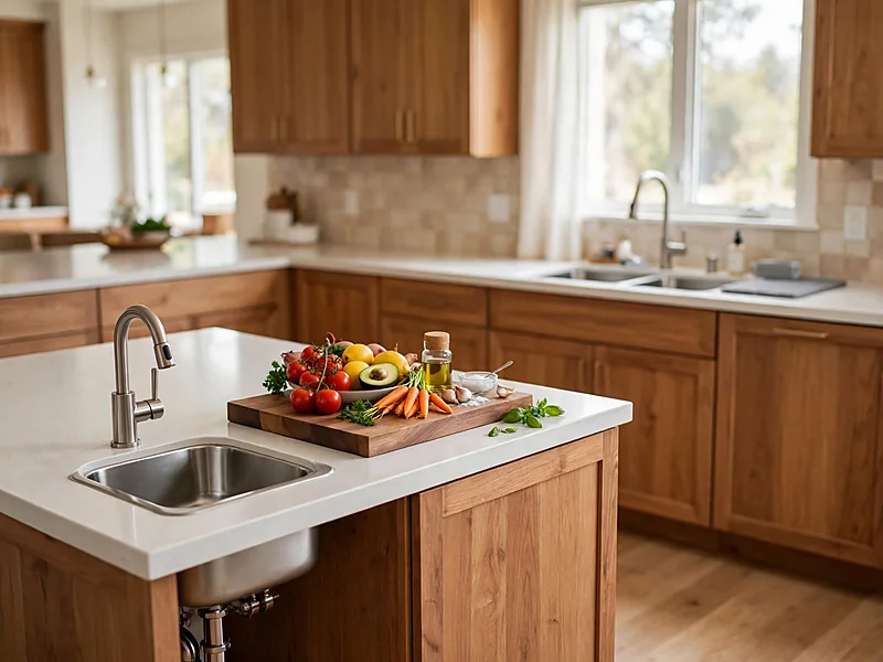 Small secondary prep sink beside a kitchen preparation counter, with the main sink visible farther away.