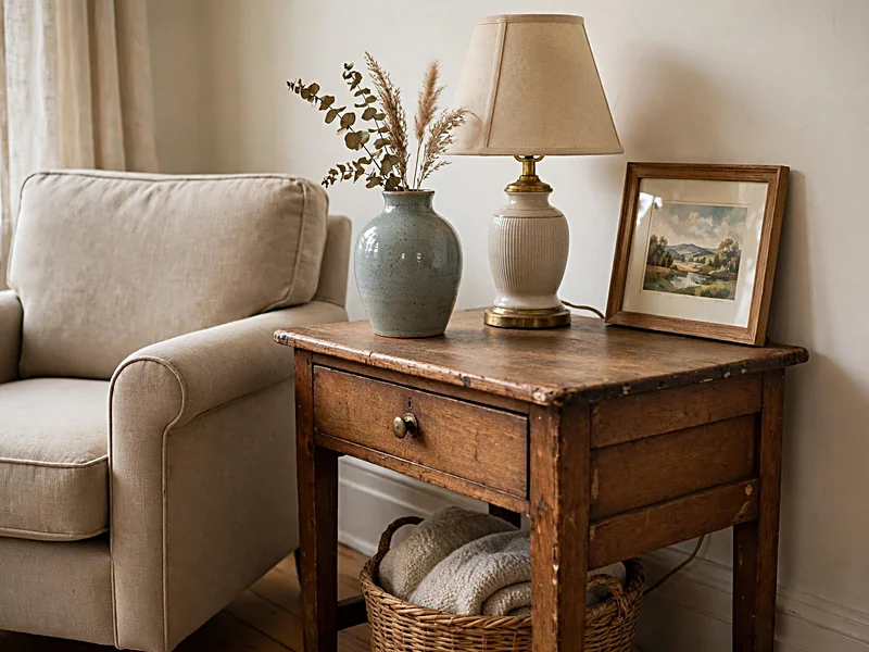 Secondhand wooden side table styled with a vintage lamp, ceramic vase, framed artwork, and woven basket.