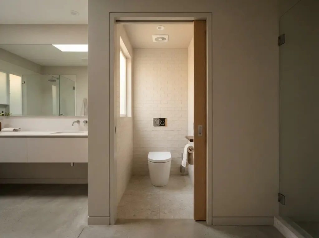 Separate toilet room behind a pocket door in a primary bathroom
