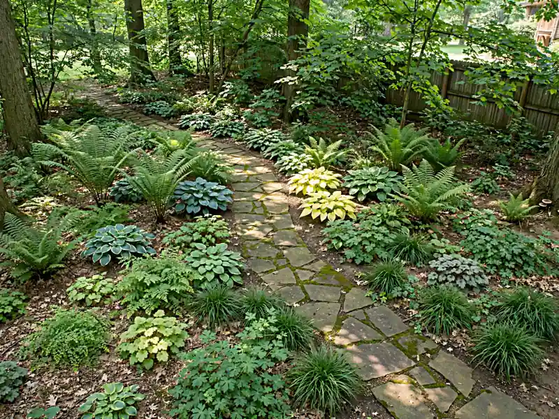 Shaded residential garden with a curved stone path, ferns, hostas, sedges, and woodland foliage.