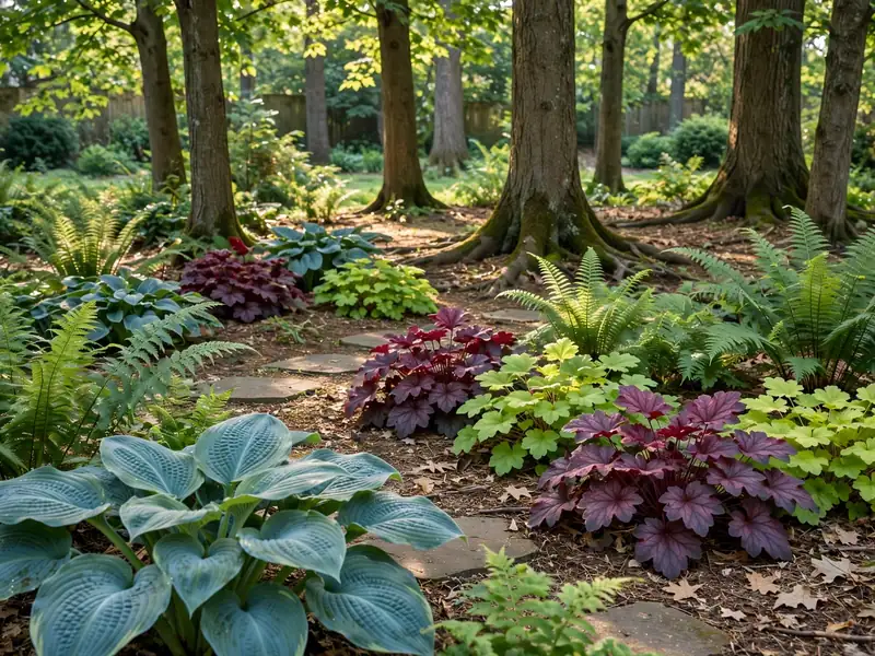Shaded woodland-style garden with green hostas, colorful heuchera leaves, ferns, and stepping stones.