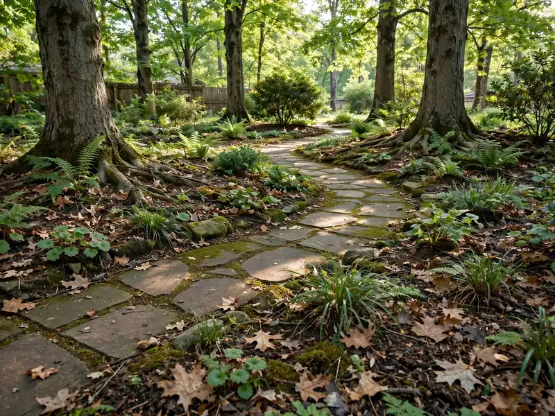 Shaded backyard woodland garden with ferns, sedges, leaf mulch, mature trees, and a simple garden path.