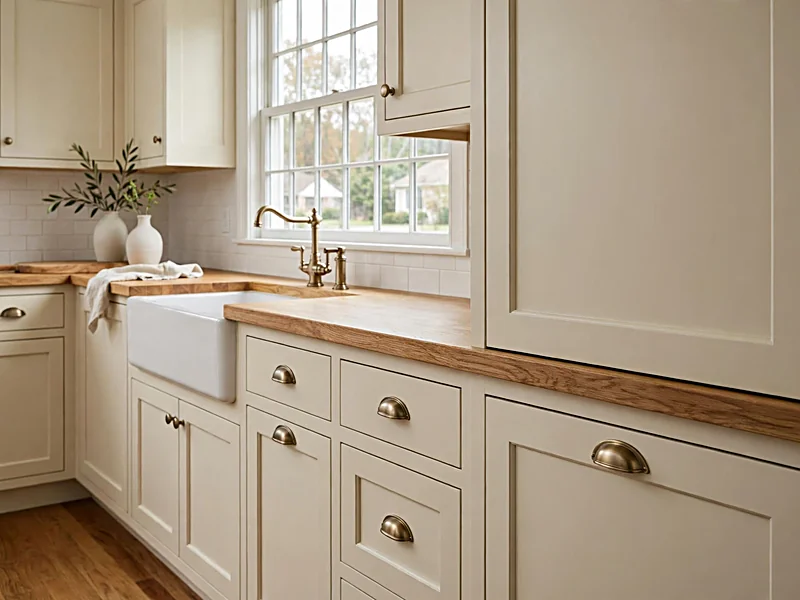 Farmhouse kitchen with cream Shaker cabinets, oak countertops, and traditional brass cabinet hardware.