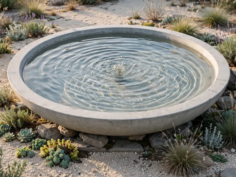 Low concrete bowl fountain with gentle bubbling water set in decorative gravel.