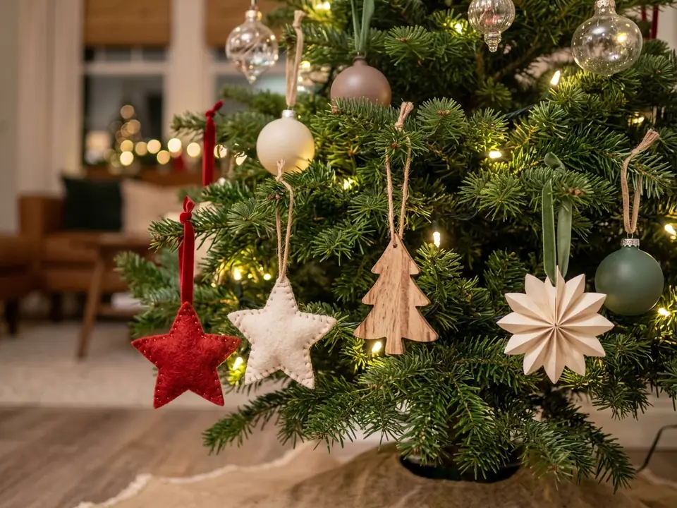 Lower branches with felt, wood, paper, and plastic ornaments on ribbon loops