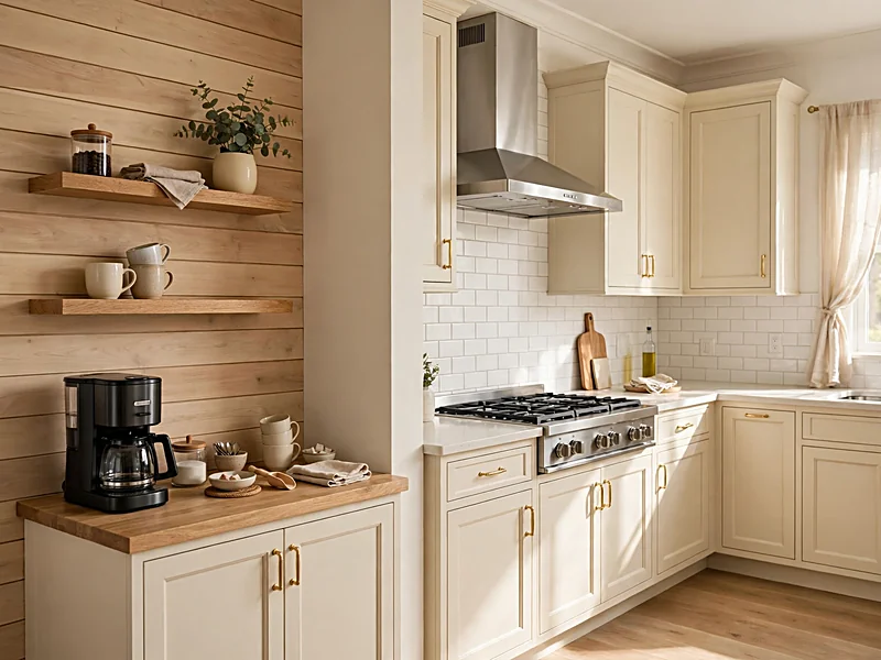 Kitchen coffee station with a natural wood shiplap accent wall beside a separate tiled preparation area.