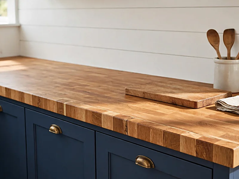 White shiplap backsplash above butcher block countertops with navy blue base cabinets.