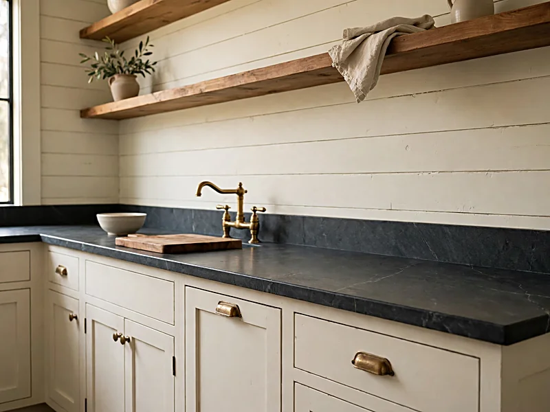 Cream horizontal shiplap backsplash with dark gray soapstone countertops and brass kitchen fixtures.