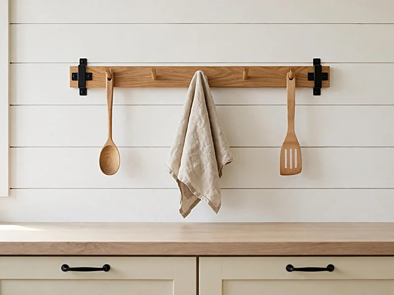 White shiplap kitchen wall with a natural wood peg rail holding a linen towel and small utensils.