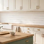 Bright farmhouse kitchen with white shiplap backsplash, oak countertops, sage green island, and Shaker cabinets.