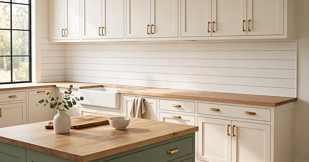 Bright farmhouse kitchen with white shiplap backsplash, oak countertops, sage green island, and Shaker cabinets.