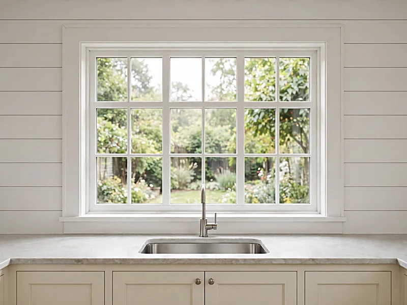 White horizontal shiplap surrounding a kitchen window with matching white trim and pale countertops.
