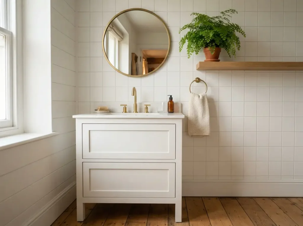 Bathroom with white painted PVC shiplap walls in a cottage style
