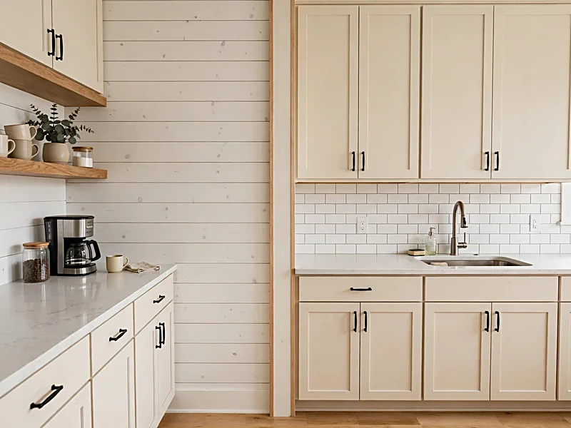 Kitchen with white shiplap beside a coffee station and white subway tile behind the sink.