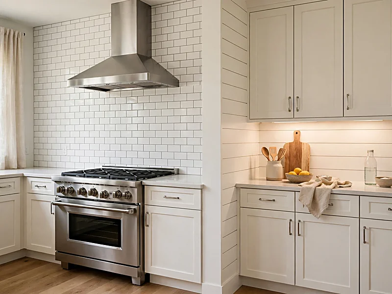 Kitchen stove with ceramic tile backsplash and white shiplap on separate decorative wall sections.