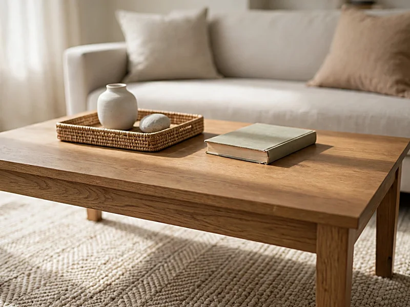 Wooden coffee table styled with a tray, book, small ceramic vase, and open space for everyday use.
