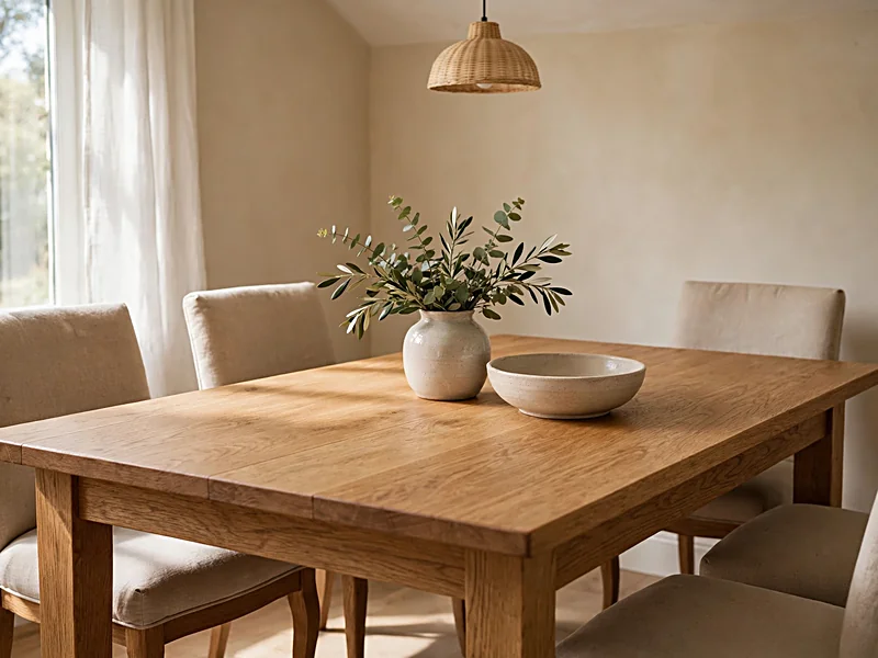 Wooden dining table with a low ceramic vase, shallow decorative bowl, and simple everyday table styling.
