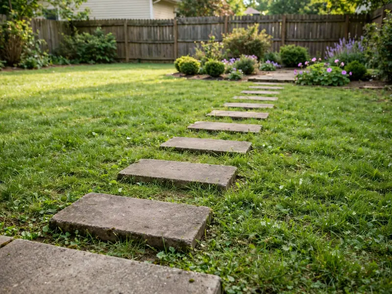 Simple garden stepping-stone path crossing a small lawn between planting beds and a backyard patio.