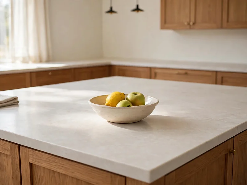 Low ceramic fruit bowl centered on a kitchen island with clear space around it.