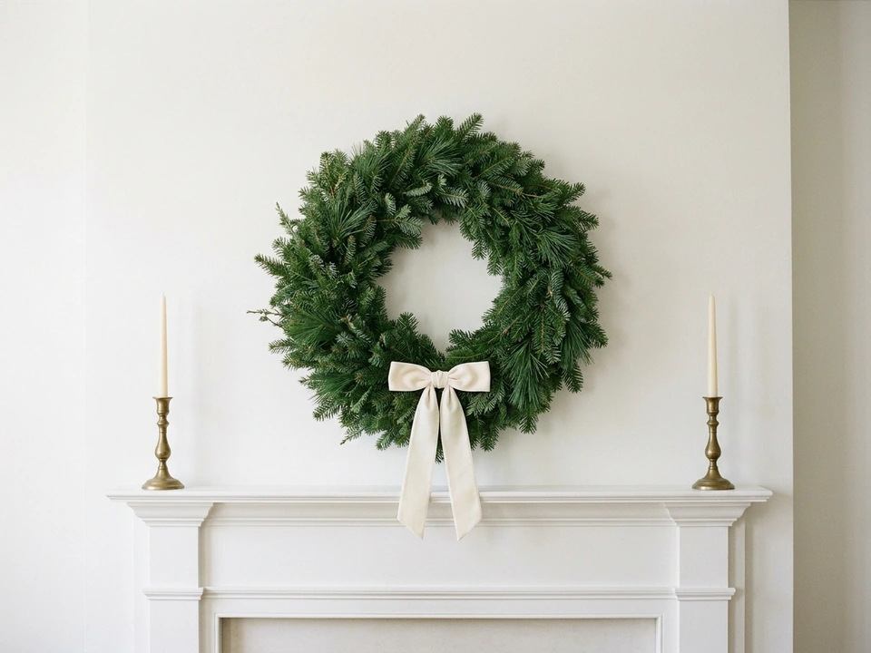 Single large wreath above a mantel with matching candlesticks on each side
