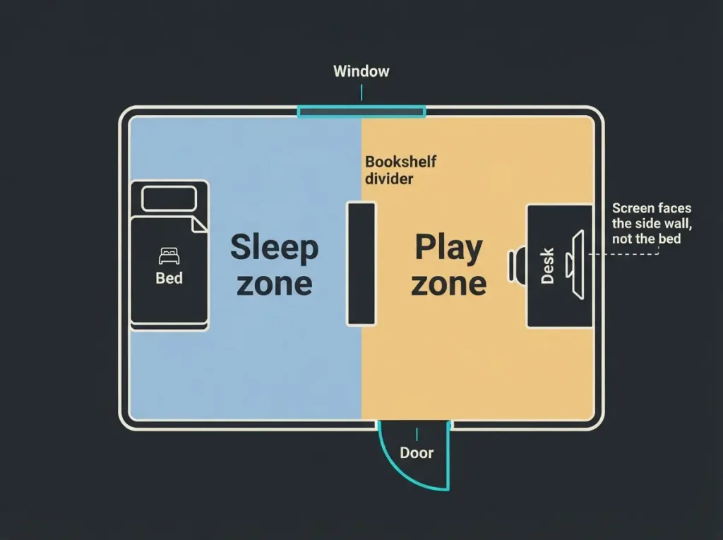 Floor plan splitting a bedroom into a sleep zone and a play zone with a bookshelf divider
