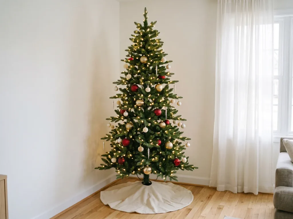 Slim Christmas tree with heavier ornaments near the trunk and light ornaments on the branch tips