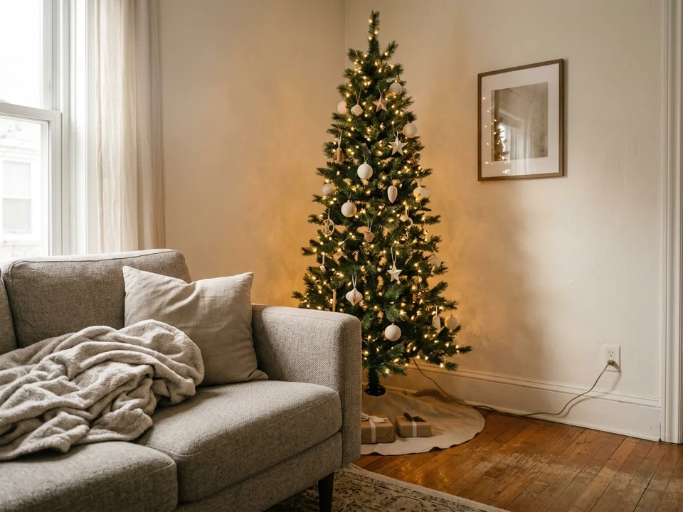 Slim Christmas tree angled in the corner of a small living room