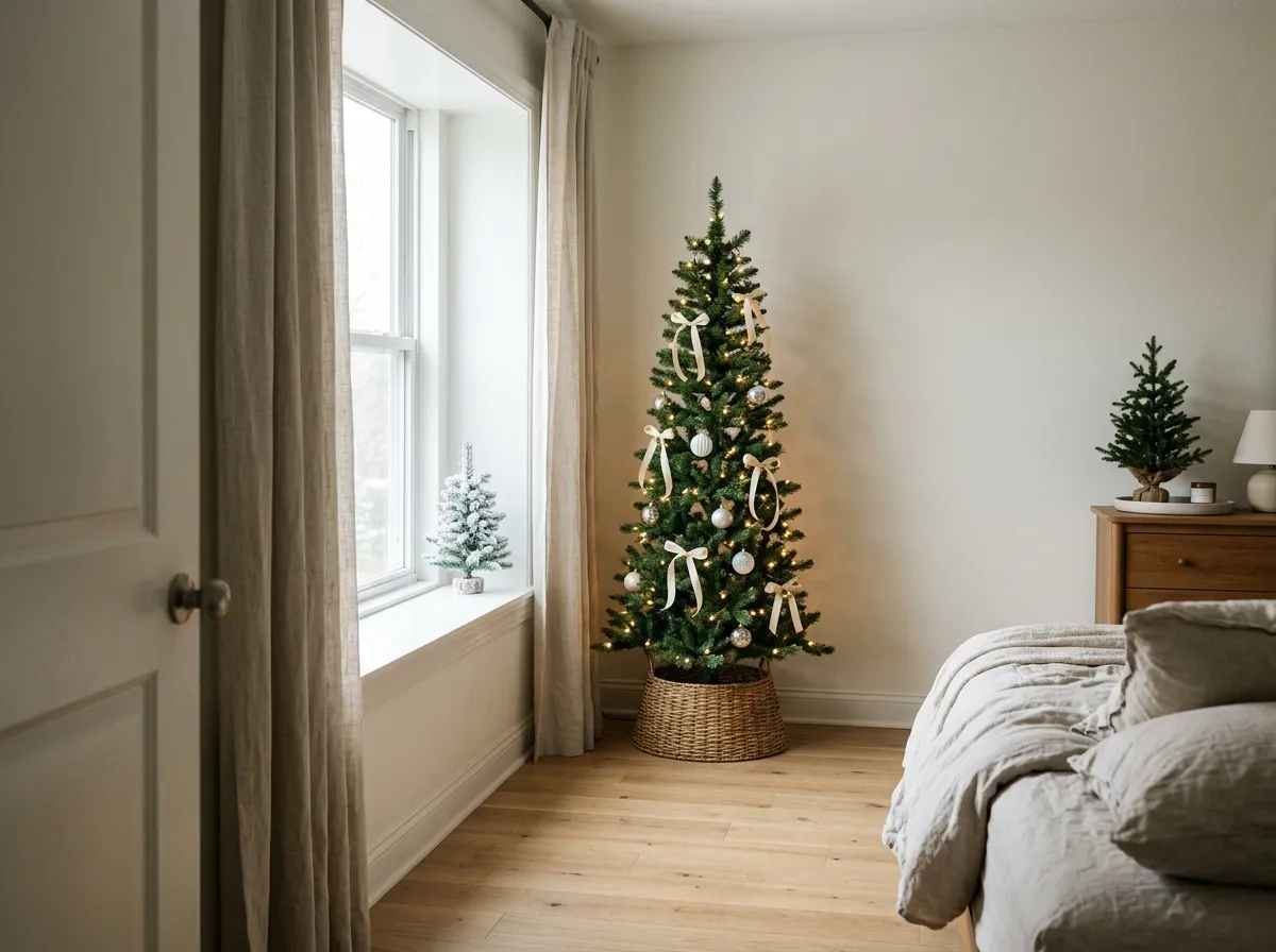 Slim prelit Christmas tree in a bedroom corner next to a tabletop tree on a dresser