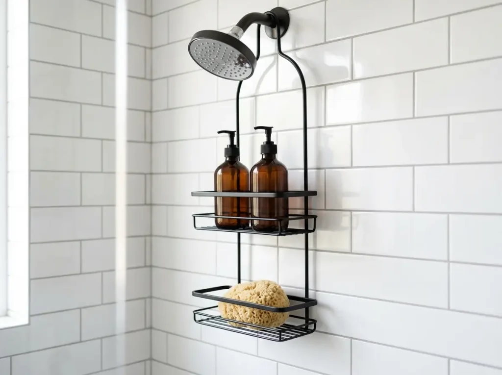 Slim black two tier caddy hanging from a shower pipe
