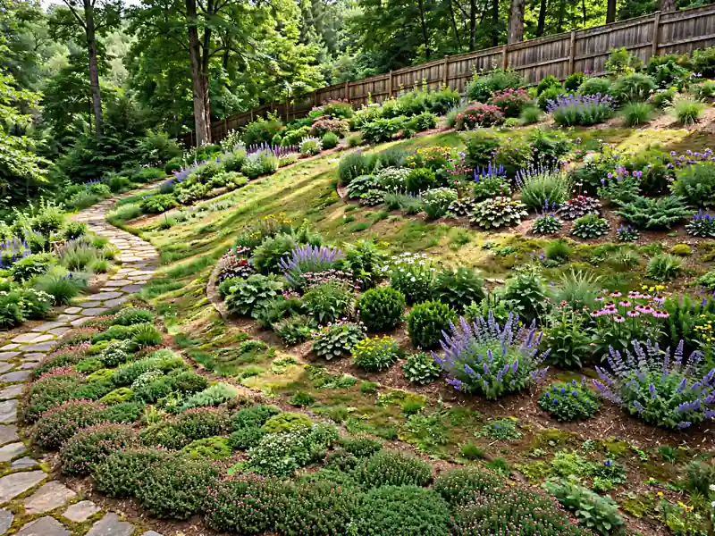 Gently sloped backyard with curved planting beds across the hillside, groundcovers, and a stable garden path.