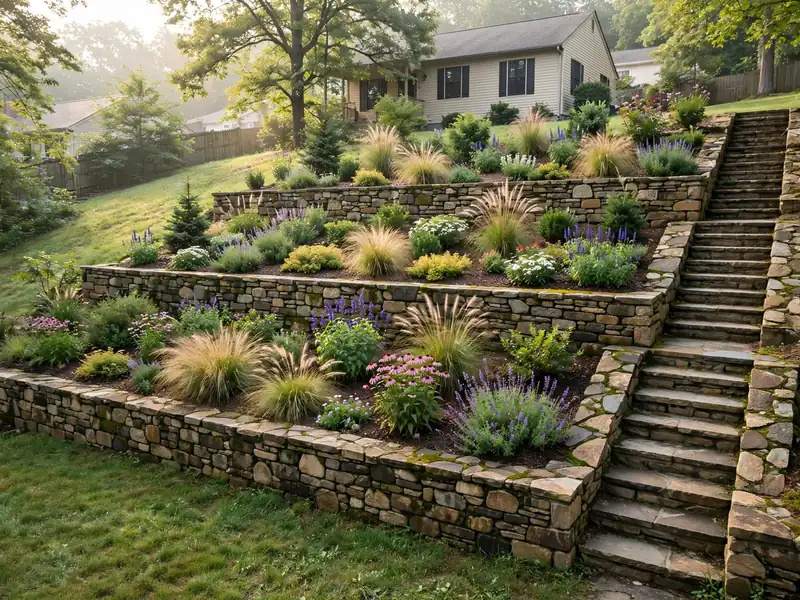 Sloped residential backyard with low terraced planting beds, natural stone retaining walls, and garden steps.