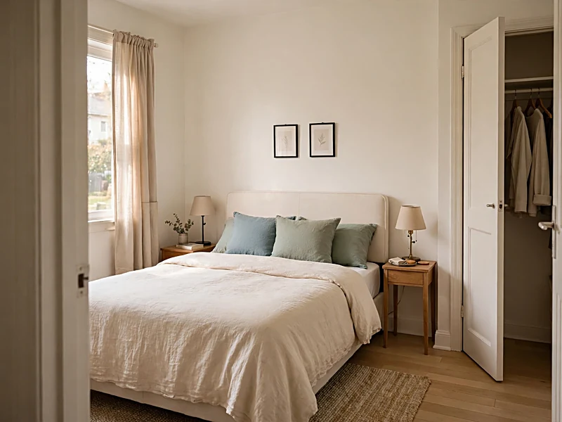 Small apartment bedroom with a neatly made bed, narrow bedside tables, soft lighting, and clear floor space.