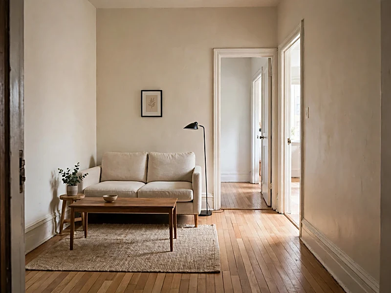 Narrow apartment living room with a compact loveseat, small coffee table, and clear walking space.