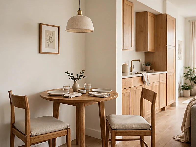 Compact apartment dining corner with a round wooden table, two chairs, and wall artwork near the kitchen.