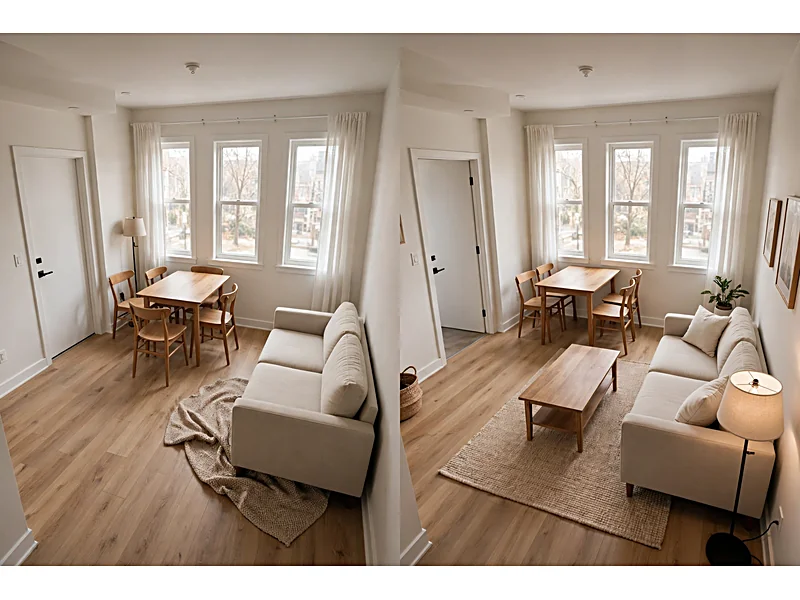 Side-by-side apartment comparison showing a crowded furniture layout and an organized living and dining arrangement.