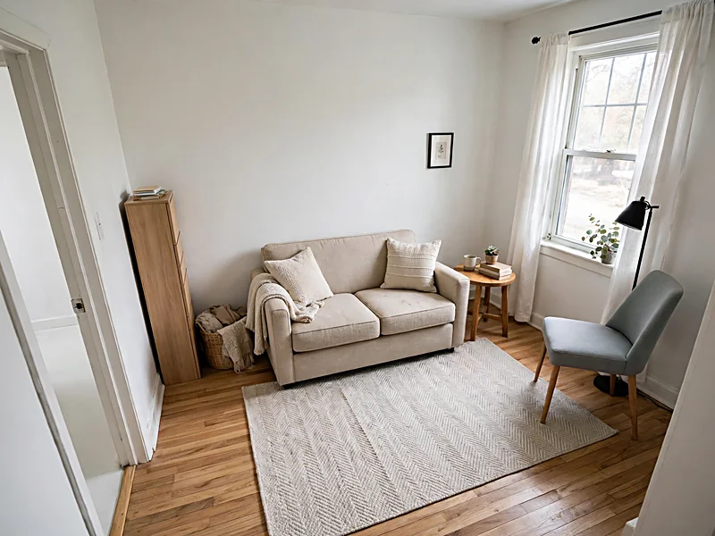 Small apartment living room with a compact loveseat, round side table, tall storage cabinet, and clear walking space.