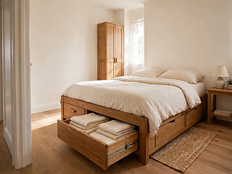 Small apartment bedroom with under-bed storage drawers, organized bedding, and a compact bedside table.