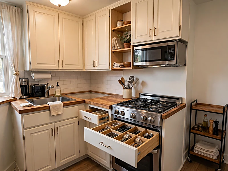 Compact apartment kitchen with clear countertops, organized utensils, cabinet storage, and a slim rolling cart.