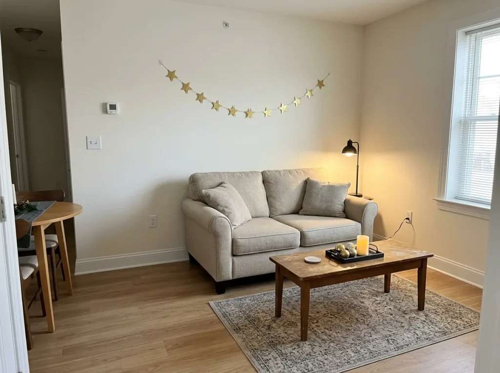 Small rental apartment living room with a paper garland, compact table decorations, and clear floor space.