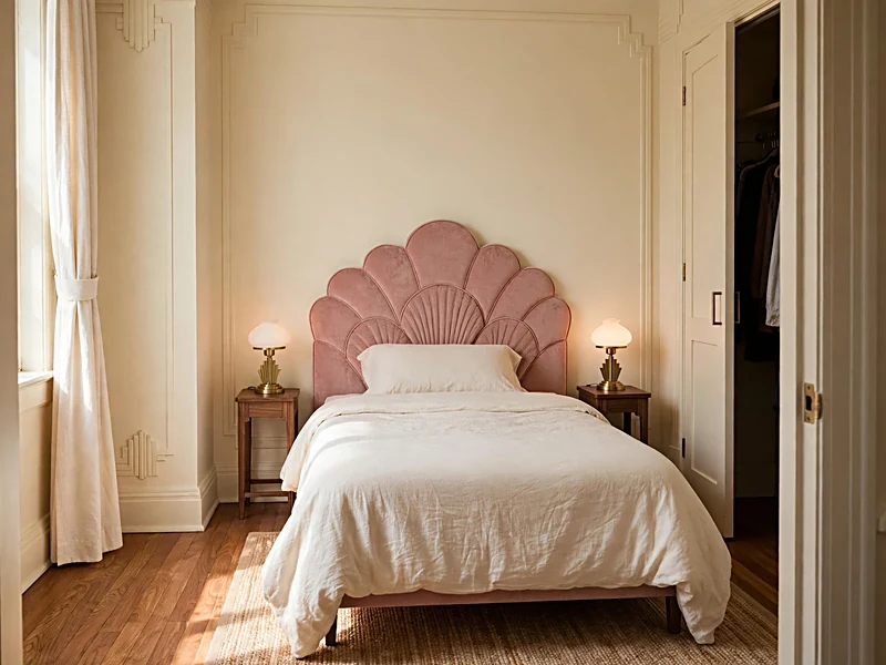 Small Art Deco bedroom with blush bedding, walnut nightstand, and globe lamp