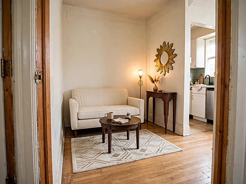 Small Art Deco living room with compact curved seating and space-saving furniture