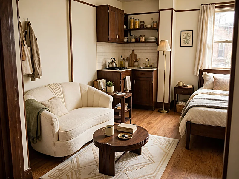 Small Art Deco studio apartment with living area, kitchenette, and sleeping corner