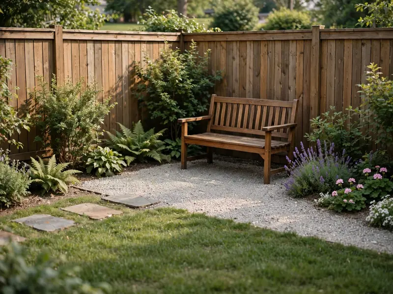Small backyard corner with a wooden garden bench, layered shrubs, flowering plants, and a gravel seating base.