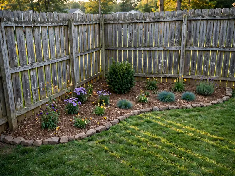Curved backyard corner garden with a compact ornamental shrub, perennial flowers, mulch, and stone edging.