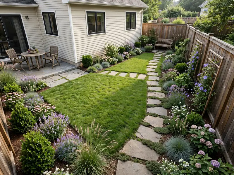 Small American backyard with a compact patio, central lawn, layered flower beds along the fence, and a simple garden pathway.
