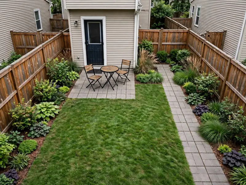 Overhead small backyard plan with a compact patio, central lawn, boundary planting beds, and connecting path.