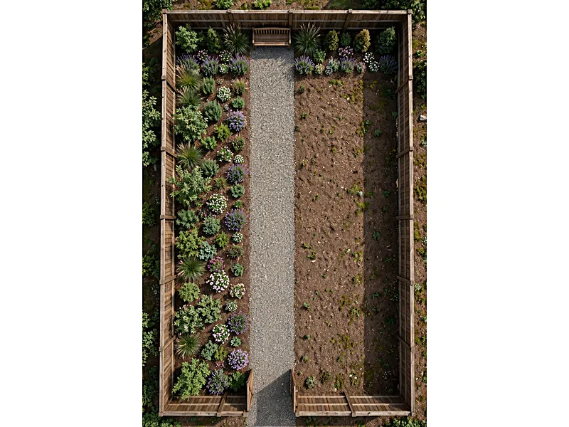 Overhead rectangular backyard layout with a main walking path, flower borders, and a bench at the far end.