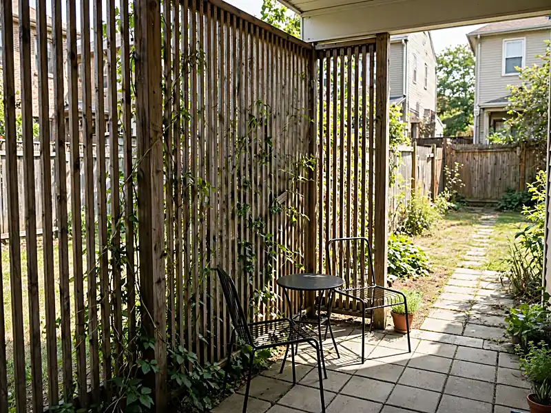 Narrow wooden privacy screen with climbing greenery beside a compact backyard seating area.