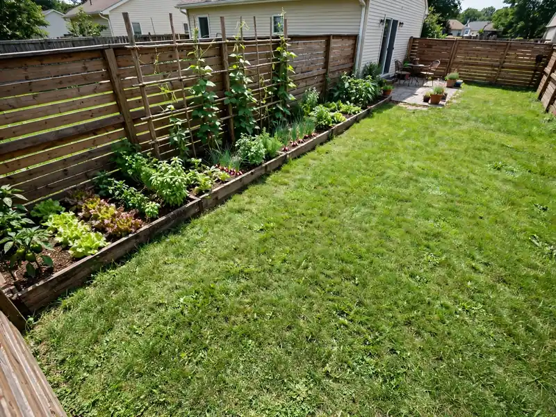 Narrow vegetable beds beside a backyard fence with climbing plants and open lawn space.