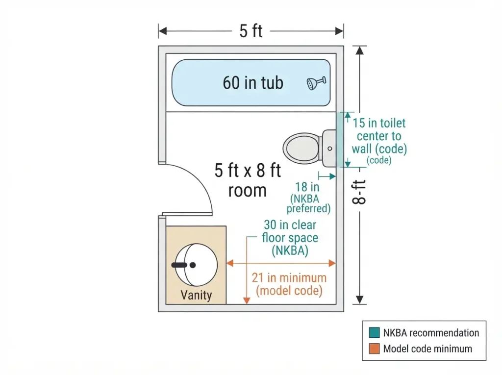 Floor plan of a five by eight bathroom showing 30 inch clear floor space in front of each fixture
